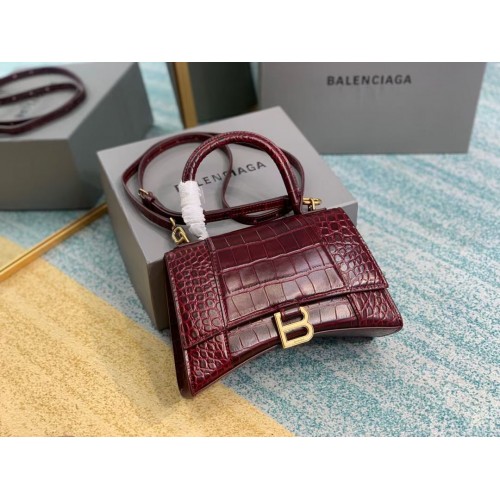 Balenciaga HOURGARACK KIS FELSŐ FOGANTYÚ TÁSKA krokodilbőrből, dombornyomott mintával, B108895E Burgundi