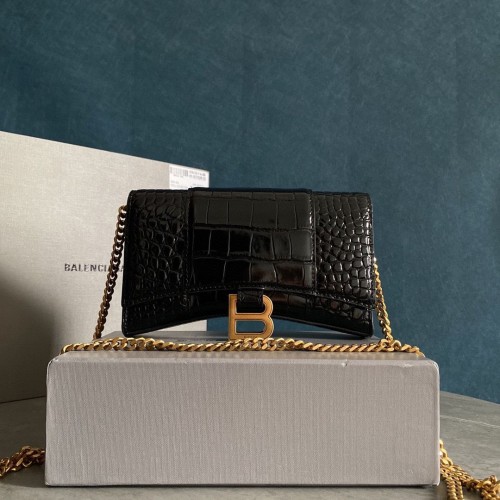 Balenciaga HOURGLASS pénztárca lánccal, krokodilmintás dombornyomattal 656050 fekete