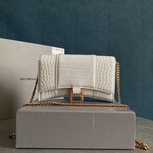 Balenciaga HOURGLASS pénztárca lánccal, krokodilmintás dombornyomattal 656050 fehér