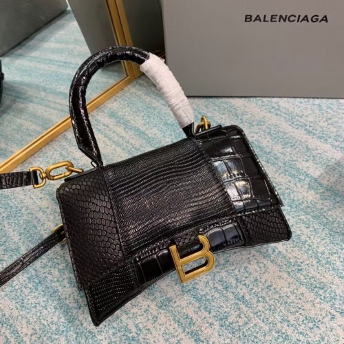 Balenciaga Hourglass XS felső fogantyús táska fényes krokodilbőr dombornyomott borjúbőr B108892E fekete
