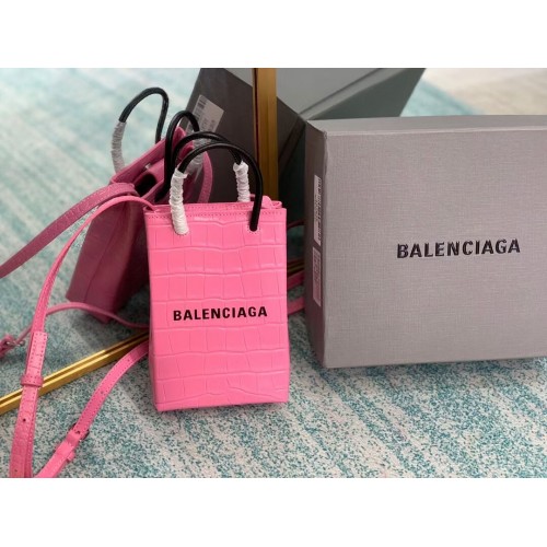 Balenciaga Eredeti Fényes Krokodilbőr Dombornyomott Mini Bevásárlótáska B152865 Rózsaszín