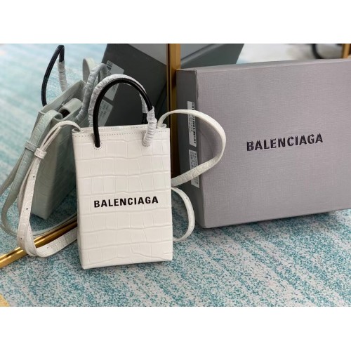 Balenciaga Eredeti Fényes Krokodilbőr Dombornyomott Mini Bevásárlótáska B152865 Fehér