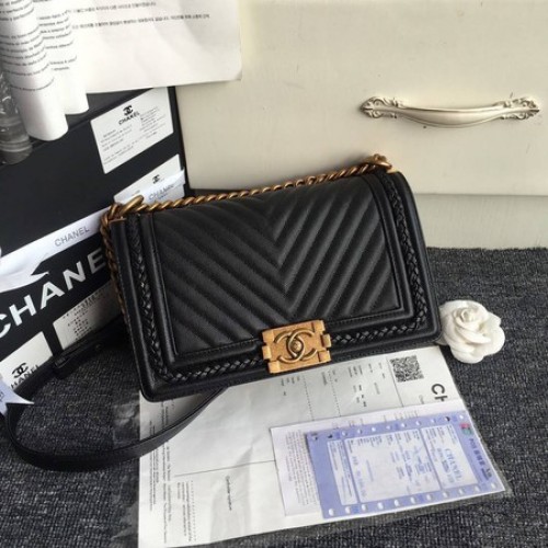Fiú Chanel Flip Táska Eredeti Chevron Bőr A67086 Fekete
