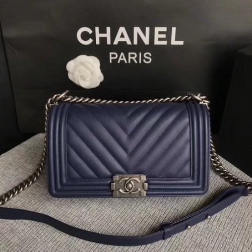 Fiú Chanel Flip Táska Eredeti Chevron Bőr A67086V Kék