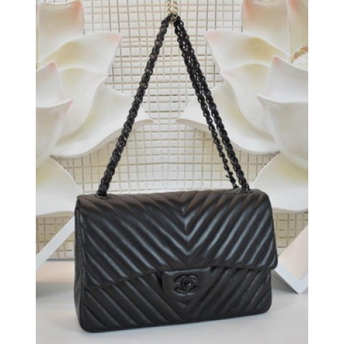 Fiú Chanel Flap Bag Birkabőr Chevron Steppelő A64306 Fekete