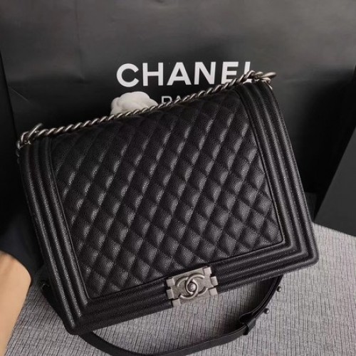 Fiú Chanel Flap Válltáska Fekete Eredeti Cannage Mintás A67087 Ezüst