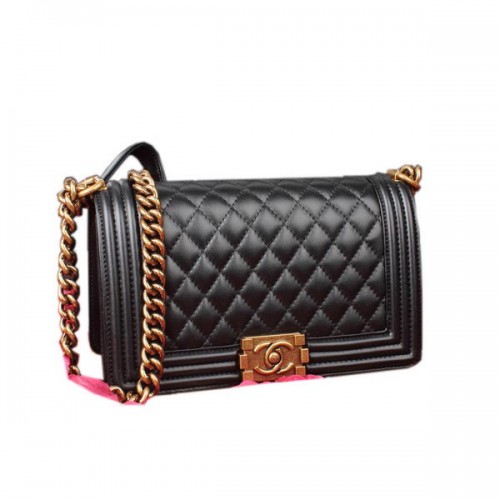 Fiú Chanel Flap Válltáska Fekete Eredeti Bőr A67086 Bronz