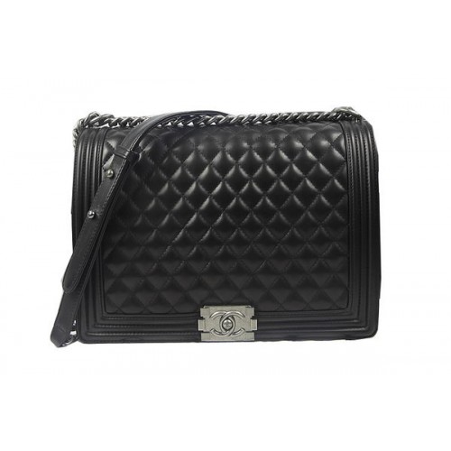 Fiú Chanel Flap Válltáska Fekete Eredeti Báránybőr A67087 Ezüst