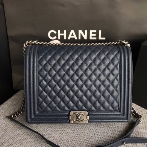 Fiú Chanel Flap Válltáska Kék Eredeti Cannage Mintás A67087 Ezüst