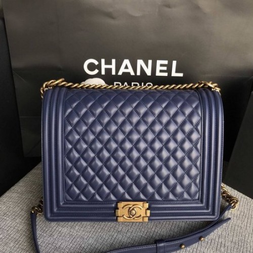 Fiú Chanel Flap Válltáska Kék Eredeti Báránybőr A67087 Arany