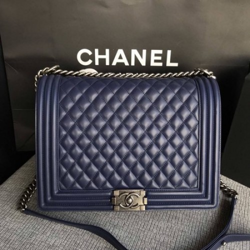 Fiú Chanel Flap Válltáska Kék Eredeti Báránybőr A67087 Ezüst