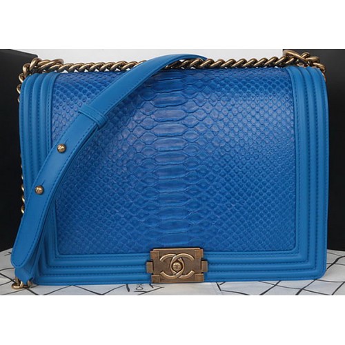 Fiú Chanel Flap Válltáska Kék Python Bőr A67087 Arany