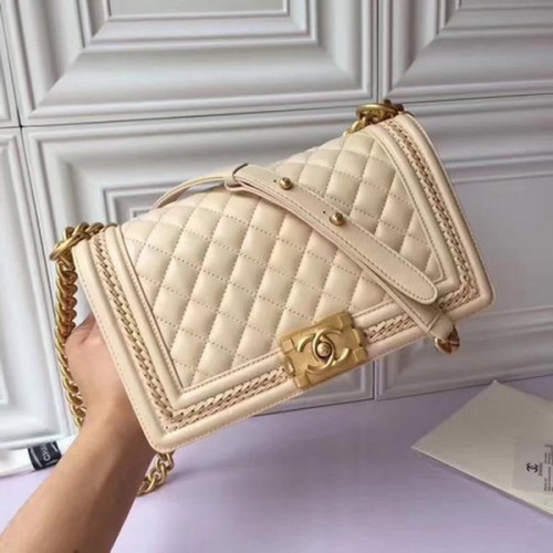 Fiú Chanel Flap Válltáska Eredeti Báránybőr A67086 Barackszínű