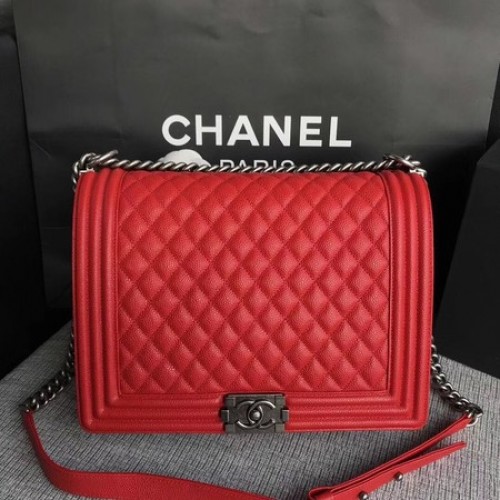 Fiú Chanel Flap Válltáska Piros Eredeti Cannage Mintás A67087 Ezüst