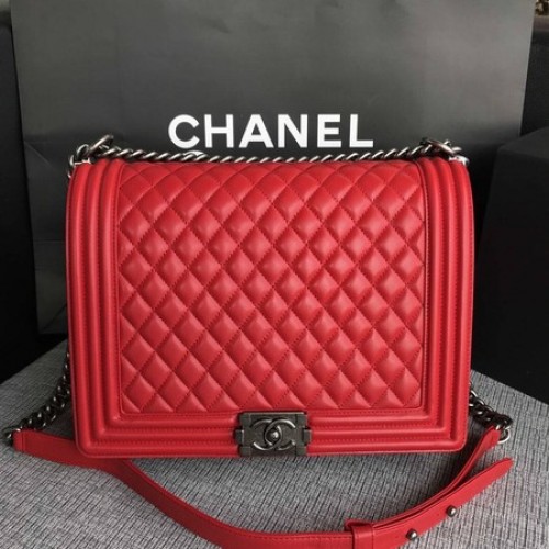 Fiú Chanel Flap Válltáska Piros Eredeti Báránybőr A67087 Ezüst