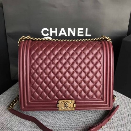 Fiú Chanel Flap Válltáska Borszínű Eredeti Báránybőr Bőr A67087 Arany