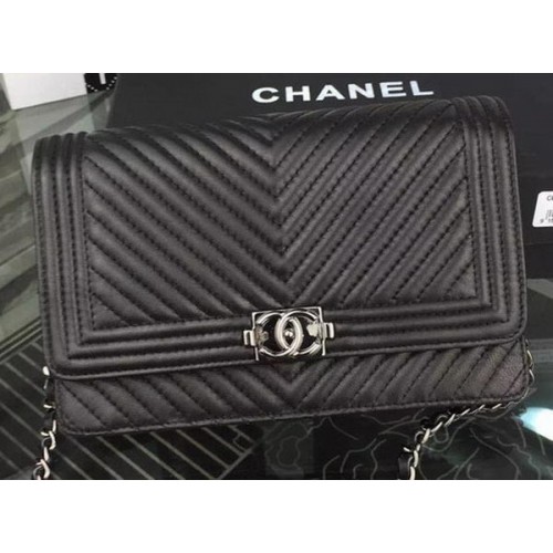 Fiú Chanel WOC Flip Táska Eredeti Chevron Báránybőr A53731 Fekete