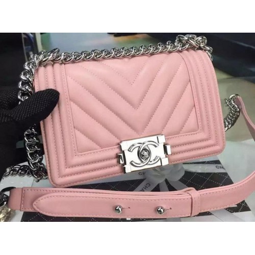 Fiú Chanel mini fedeles táska eredeti chevron nubuk bőrből A5707 rózsaszín