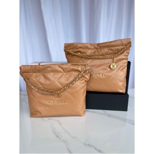 CHANEL 22 KÉZITÁSKA Fényes Borjúbőr Arany Tónusú Fém AS3261 AS3260 Barna