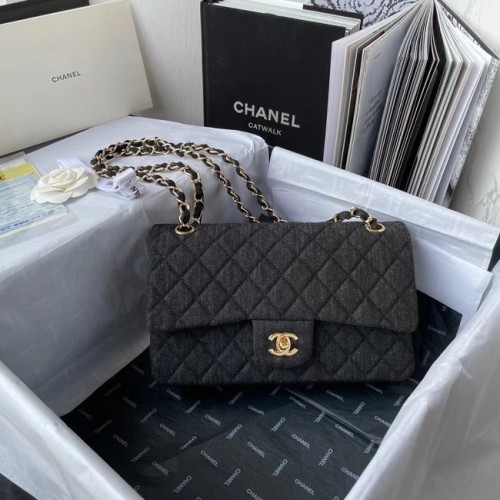 CHANEL CLASSIC KÉZITÁSKA Nyomott Farmer Arany Tónusú Fém 1112 FEKETE