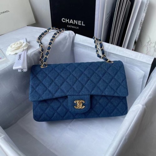 CHANEL CLASSIC KÉZITÁSKA Nyomott Farmer Arany Tónusú Fém 1112 KÉK