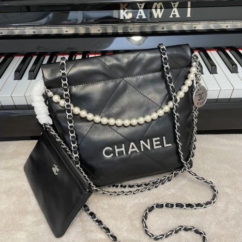 CHANEL MINI 22 KÉZITÁSKA Fémes Borjúbőr Ezüst Fém AS3989 Fekete