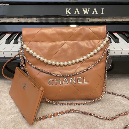 CHANEL MINI 22 KÉZITÁSKA Fémes Borjúbőr Ezüst Fém AS3989 Barna