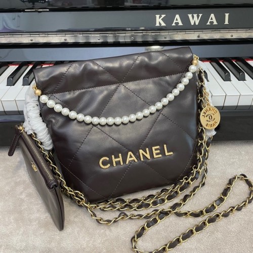 CHANEL MINI 22 KÉZITÁSKA Fémes Borjúbőr Arany Fém AS3989 Kávé