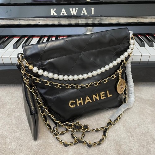 CHANEL MINI 22 KÉZITÁSKA Fémes Borjúbőr Arany Fém AS3989 Fekete
