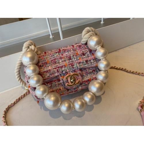 CHANEL Tweed fonott báránybőr aranyszínű fém AS0593 rózsaszín