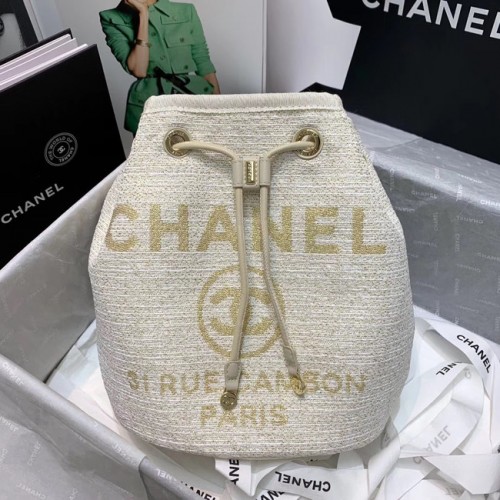 CHANEL Tweed borjúbőr húzózsinóros táska aranyszínű fémből 60588 fehér