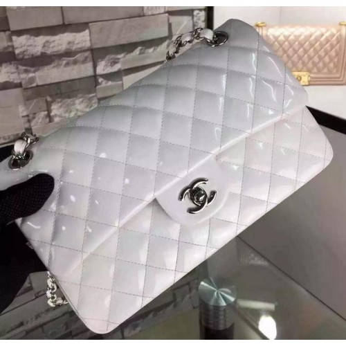 Chanel 2.55 sorozatú dupla fedeles táska fehér eredeti lakkbőr CF7024 ezüst