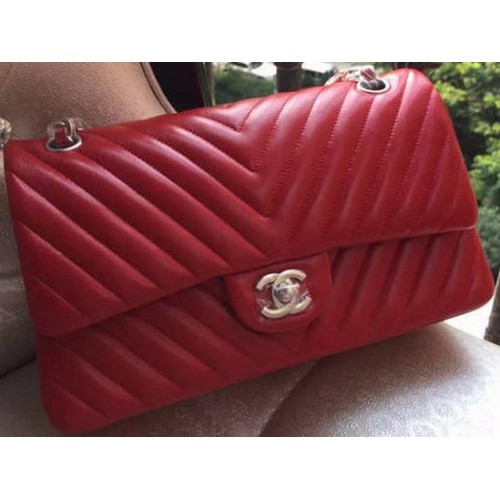Chanel 2.55 Sorozat Zsebtáska Piros Báránybőr Chevron Bőr A01112 Arany/Ezüst