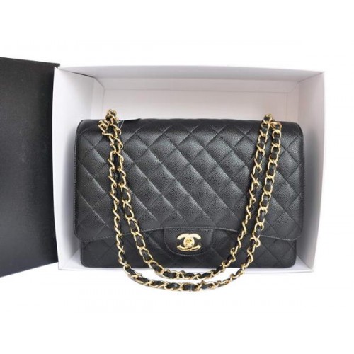 Chanel A47600 Fekete Eredeti Kaviáros Bőr Jumbo Zsebtáska Arany