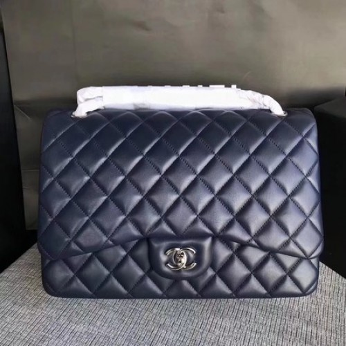 Chanel Maxi Steppelt Klasszikus Zsebtáska Kék Báránybőr A58601 Ezüst