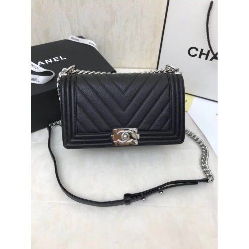 Chanel Fiú Flap Caviar Eredeti V Bőr Válltáska Fekete A67086 Ezüst