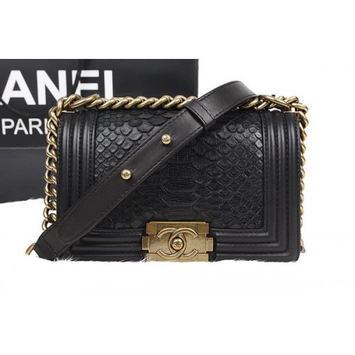 Chanel Fiú Flip Válltáska Fekete Eredeti Python Bőr A67085 Arany