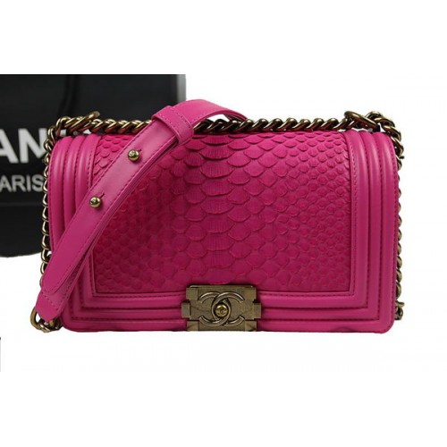 Chanel Fiú Flap Válltáska Rózsaszín Eredeti Python Bőr A67025 Arany