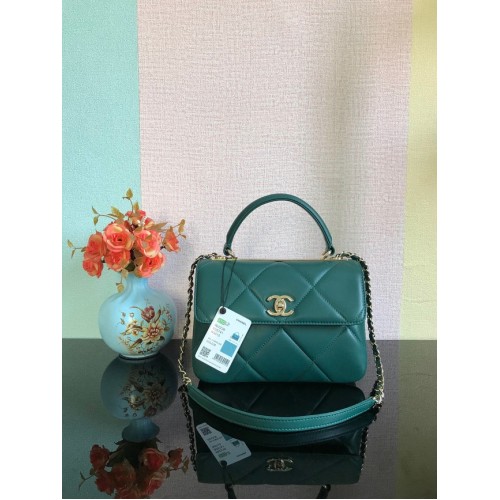 Chanel CC eredeti báránybőr felső fogantyús kézitáska A92236 sötétzöld és aranyszínű fém