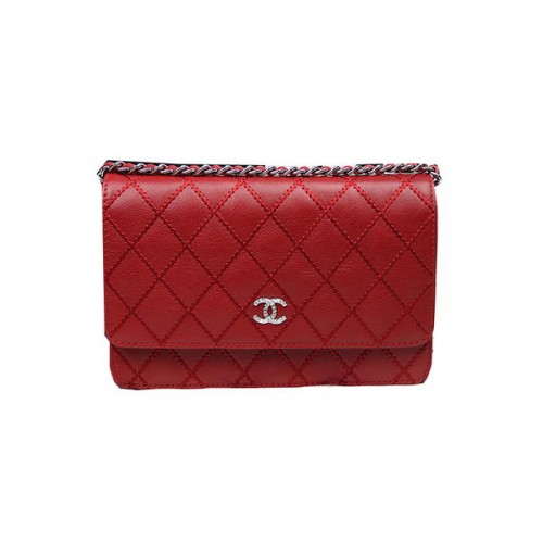 Chanel CHA33814 Piros Eredeti Borjúbőr Mini Zsebtáska Ezüst