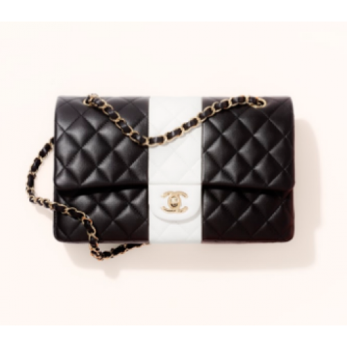 Chanel CLASSIC kézitáska báránybőrből, arany fémből, A01112 fekete-fehér