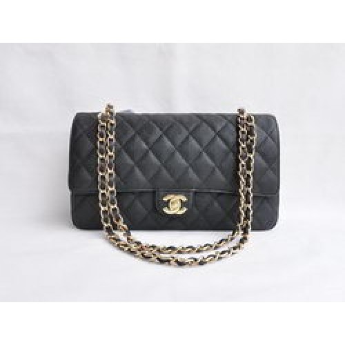 Chanel Classic 2.55 sorozatú fekete kaviáros, aranyláncos, steppelt, fedeles táska 1113