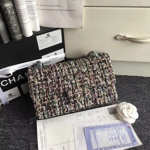 Chanel klasszikus kézitáska hímzett tweed ezüstszínű fémből A01112 zöld