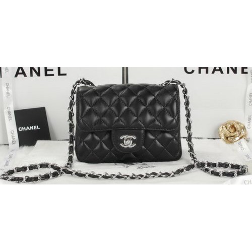 Chanel Klasszikus MINI Zsebtáska Fekete Báránybőr Bőr A1115 Ezüst