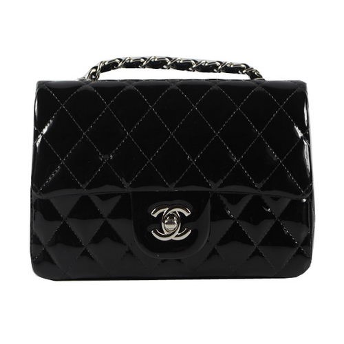 Chanel Classic MINI Flip Táska CF1119 Fekete Lakkbőr Ezüst