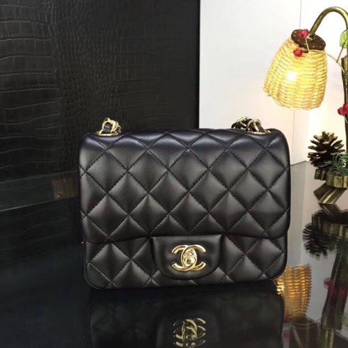 Chanel Classic MINI Flip Táska Eredeti Báránybőr Bőr A1115 Fekete Arany Lánccal