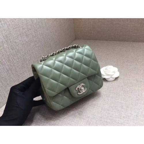 Chanel Classic MINI Flap Bag eredeti báránybőr bőr A1115 zöld ezüst lánc
