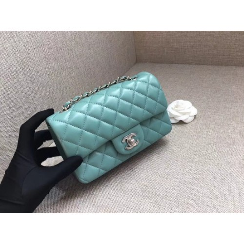 Chanel Classic MINI Flap Bag eredeti báránybőr bőr A1116 világoskék ezüst lánc