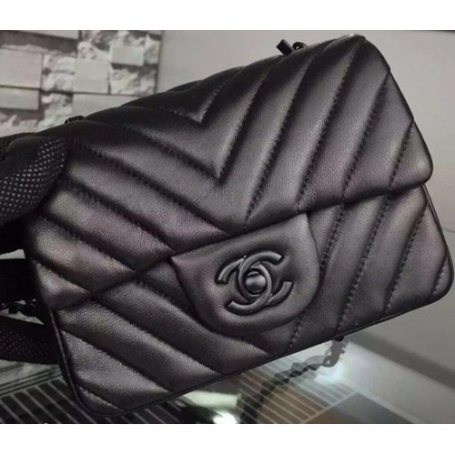 Chanel Klasszikus Mini Zsebtáska Fekete Chevron Báránybőr A68748 Fekete
