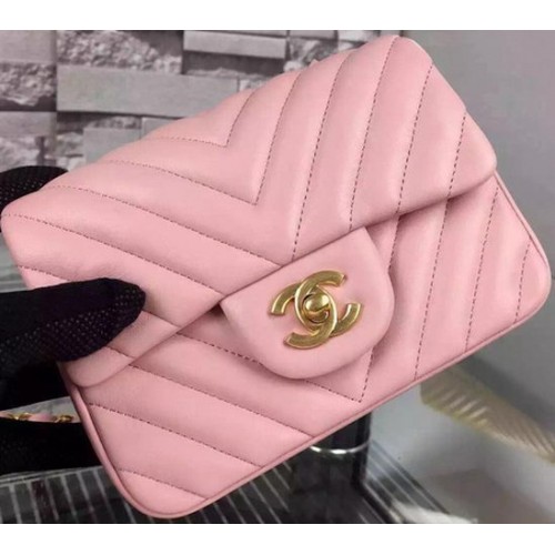 Chanel Klasszikus Mini Zsebtáska Chevron Báránybőr Bőr A68748 Rózsaszín